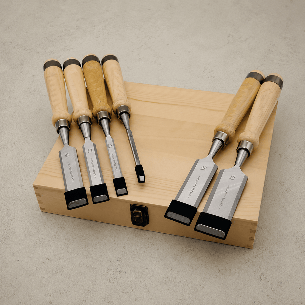 Ikane Studio Outils / Sculpture Coffret de 6 ciseaux de sculpture sur bois, avec pierres.