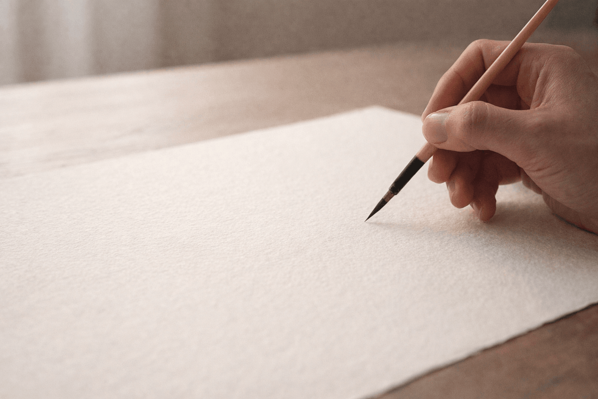 Une main tient un pinceau de calligraphie